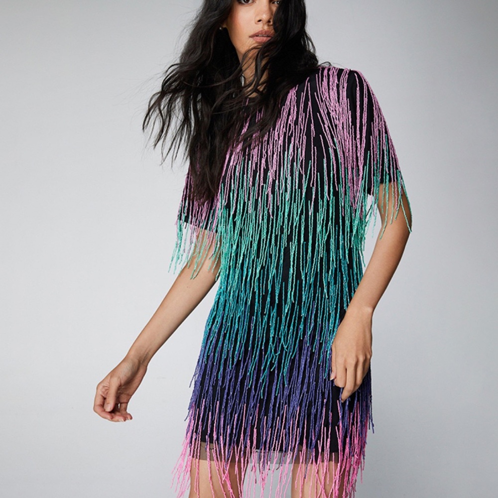 Nasty Gal Rainbow Tassel Beaded Shift Dress